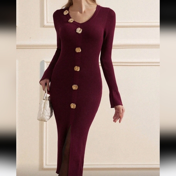 French Retro Button Decor Mid-Length Long Sleeve Sweater Dress - Picture 1 of 4